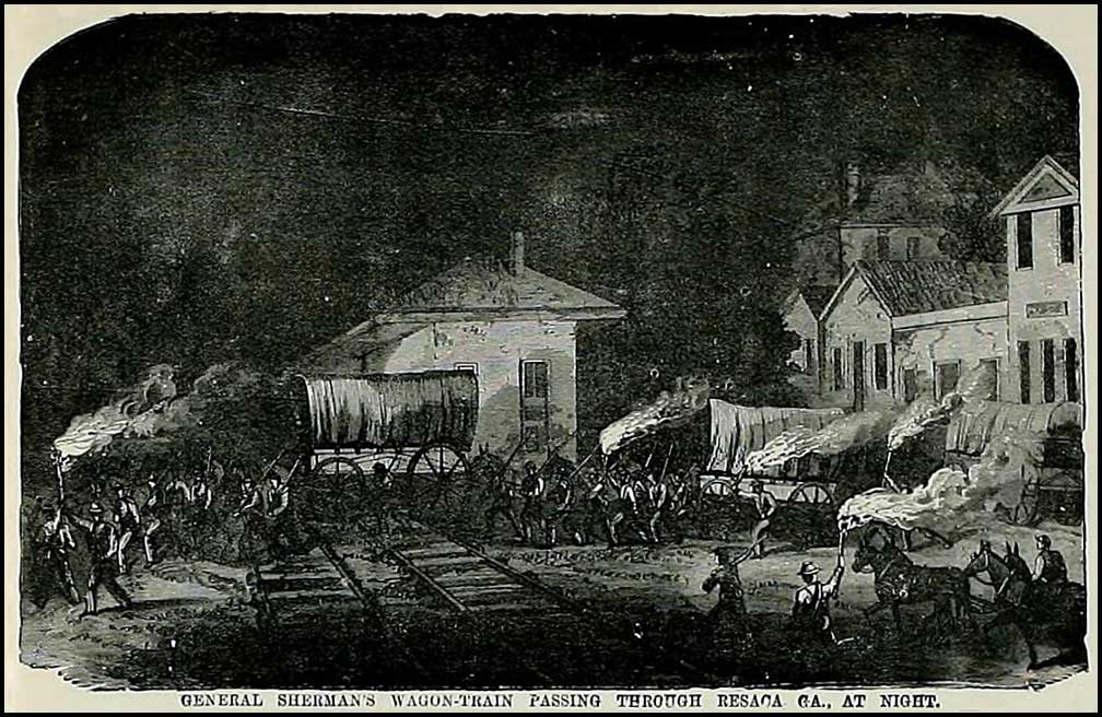 Union troops passing through Resaca, Georgia, at night, 1864