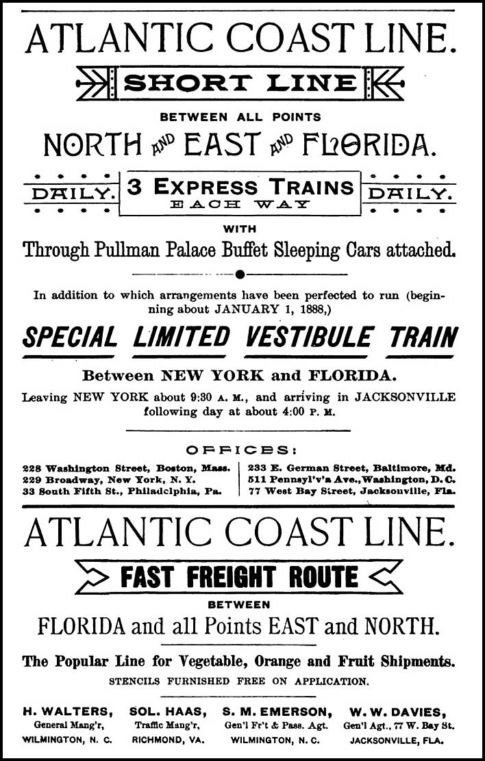 Atlantic Coast Line, 1885 advertisement