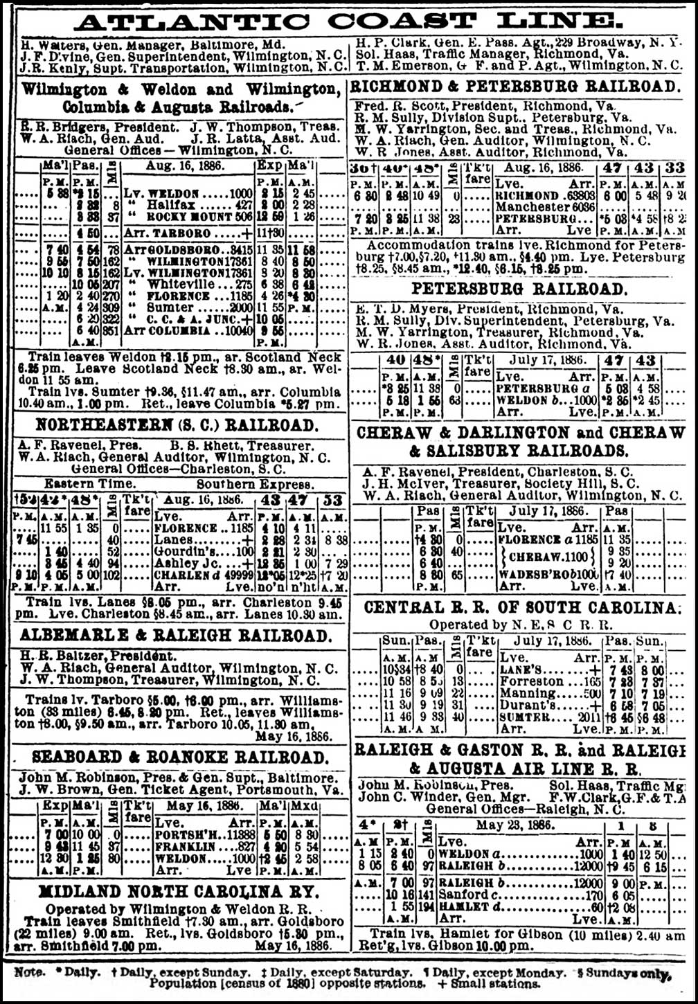 Atlantic Coast Line Railroad, 1886 timetable