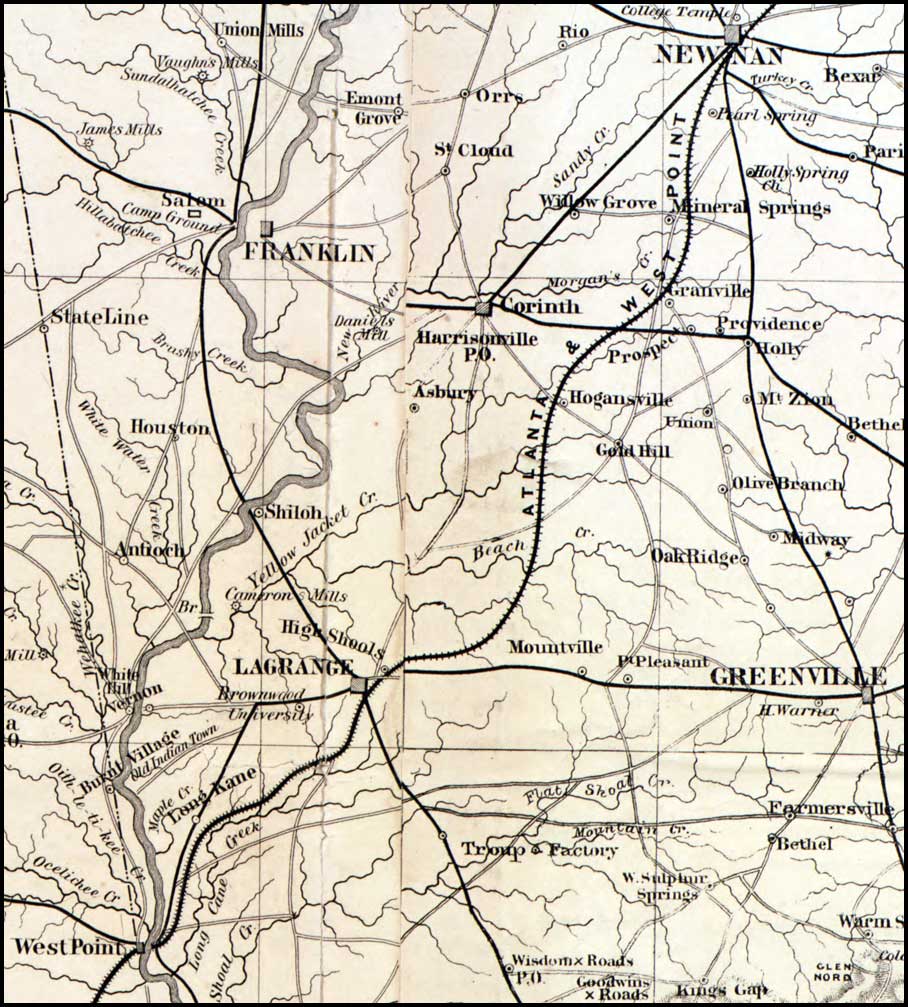 Atlanta & West Point Railroad, 1864 map, Newnan to West Point