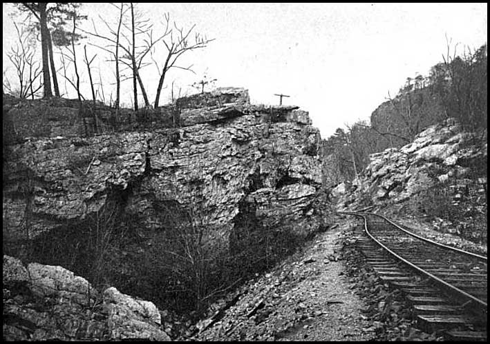Railroad cut through cliffs near Lula Lake on Chattanooga & Durham Railroad