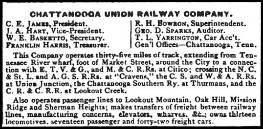 Chattanooga Union Railway, 1891 information