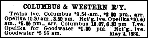 Columbus & Western Railway, 1886 timetable