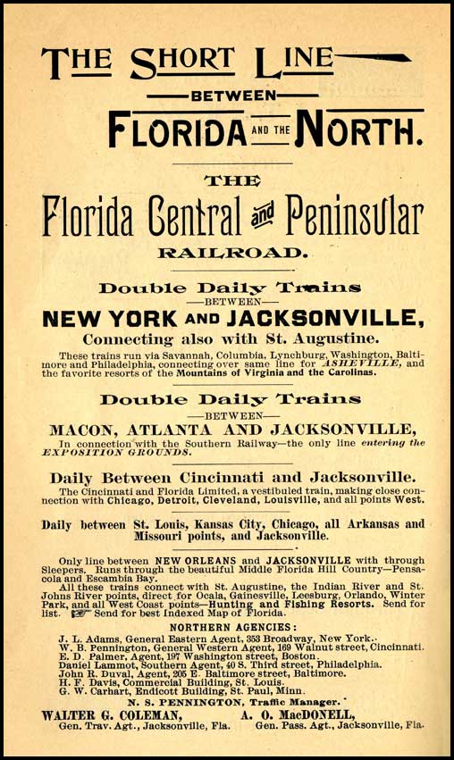 1895 advertisement for Florida Central & Peninsular Railroad