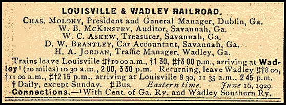 Louisville & Wadley Railroad, 1929 timetable