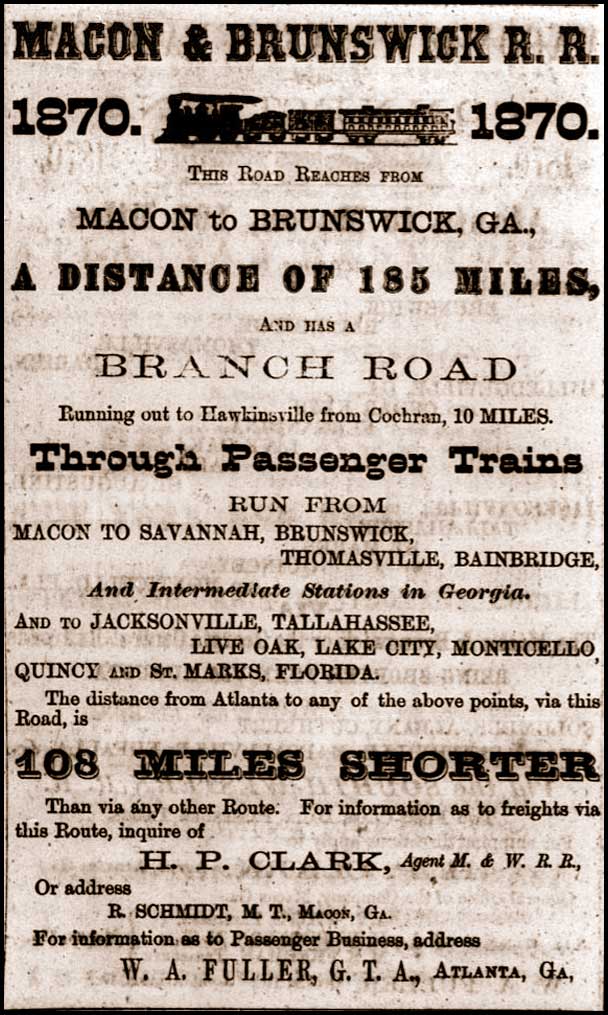 Macon & Brunswick Railroad, 1870 advertisement