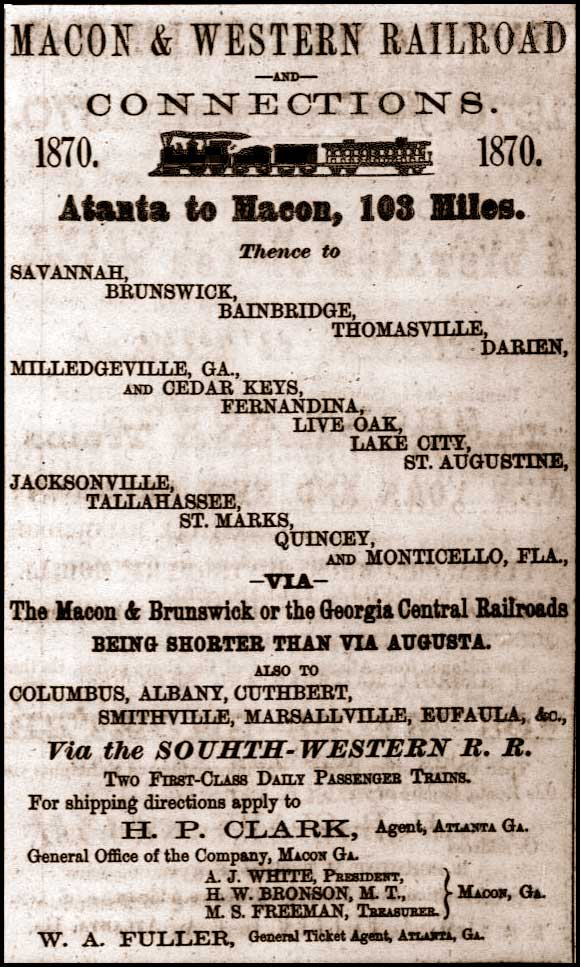 Macon & Western Railroad, 1870 advertisement