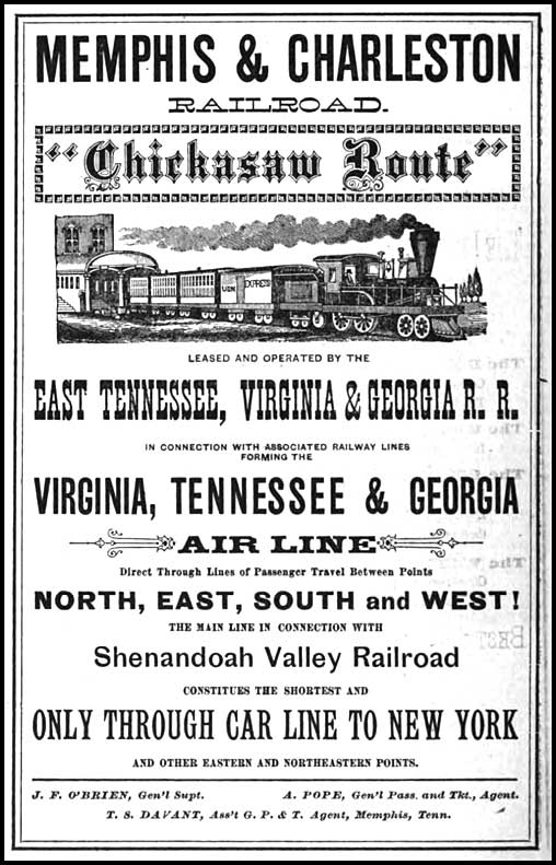 Memphis & Charleston Railroad, 1884 advertisement