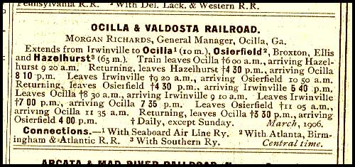 Ocilla & Valdosta RR 1906 timetable
