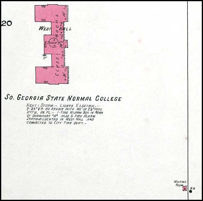 1922 map showing location of the streetcar waiting shelter at Valdosta State University in Valdosta, GA