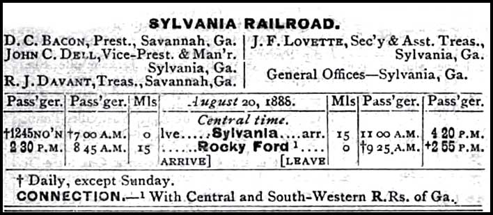 1888 timetable, Sylvania Railroad