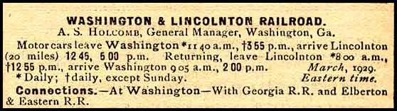 Washington & Lincolnton RR, 1929 timetable